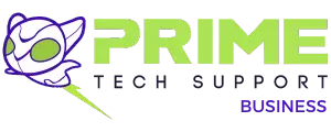 Prime Tech Support Business division logo with bot flying over letters.